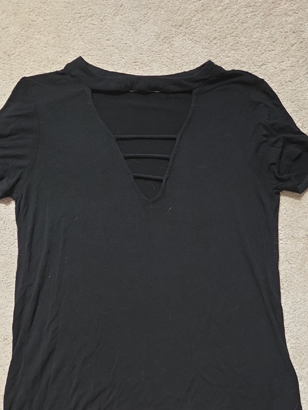 Women’s Black Short-Sleeve V-Neck Tee with Ladder Back Straps